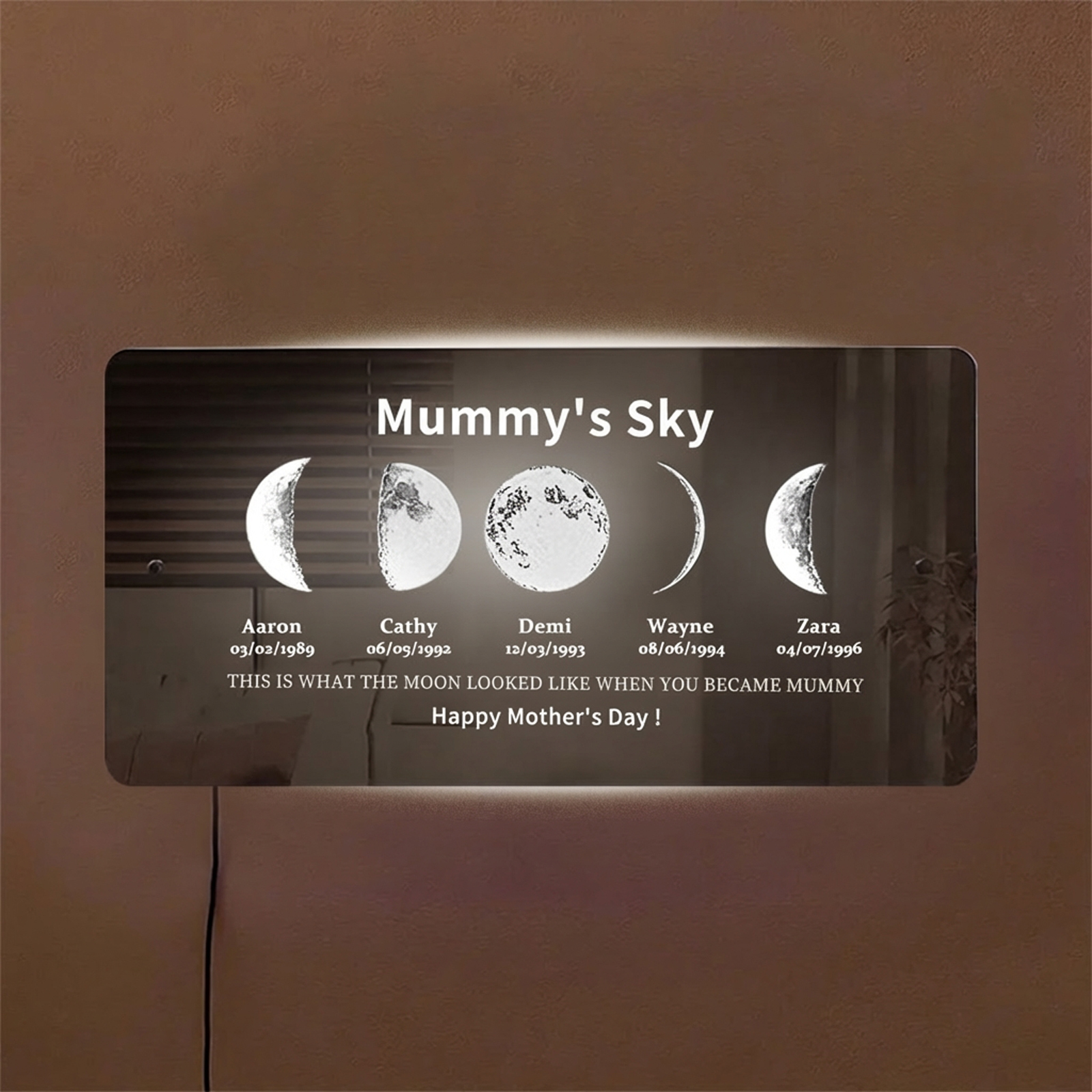 Custom Moon Phase Frame Mirror Light With Text & Date- Custom Art Frame for Mum - Mummy's Universe