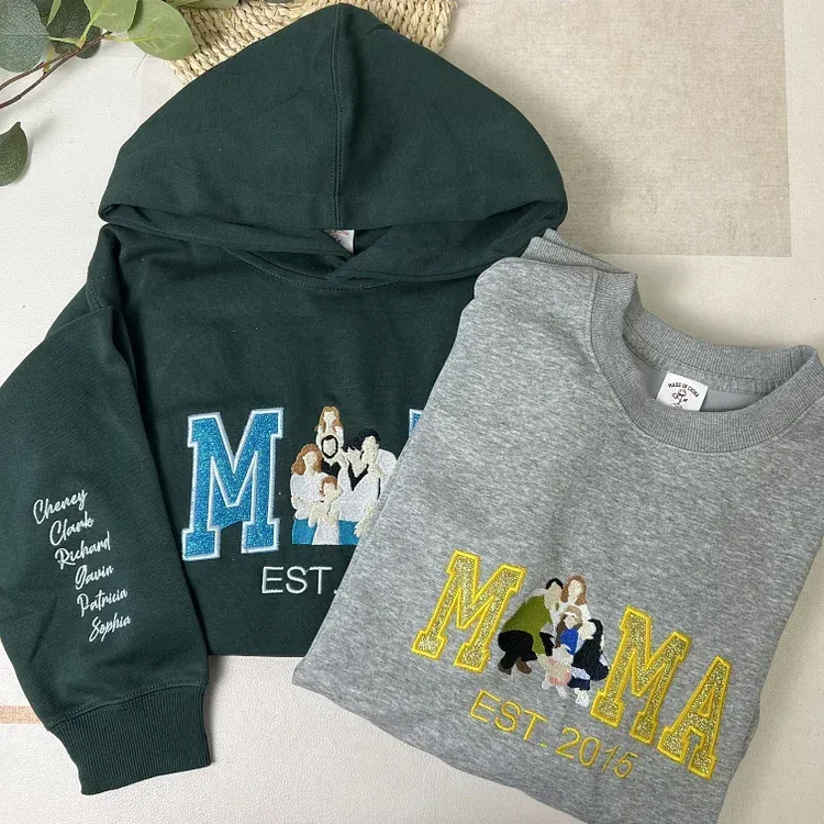Personalized MAMA Embroidered Family Photo Glitter T-shirt Sweatshirtv