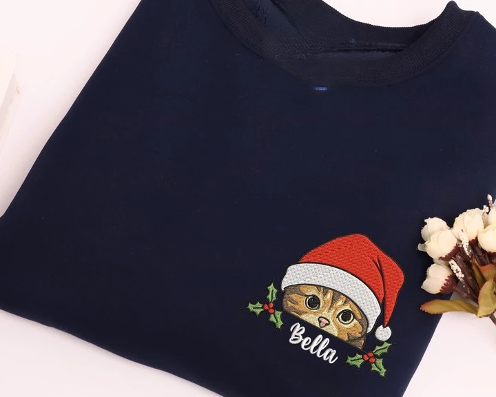 Custom Pet Photo Holly Berry Christmas Greeting Embroidered Sweatshirt, Hoodie, T-Shirt