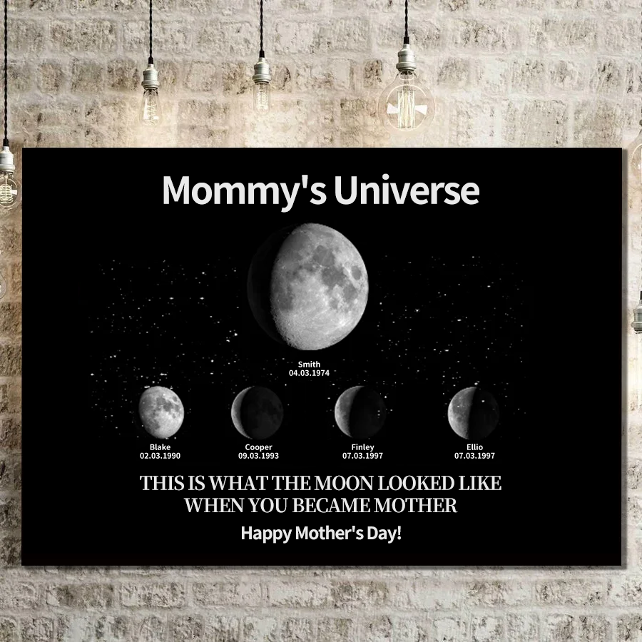 Custom Moon Phase Canvas With Text & Date- Custom Art Frame for Mom - Mommy's Universe, Mothers' Day