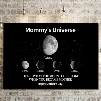 Custom Moon Phase Canvas With Text & Date- Custom Art Frame for Mom - Mommy's Universe, Mothers' Day
