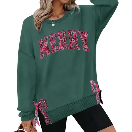 Trendy Merry Side Bow Cut-Out Sweatshirt - Cozy Plaid Christmas Pullover