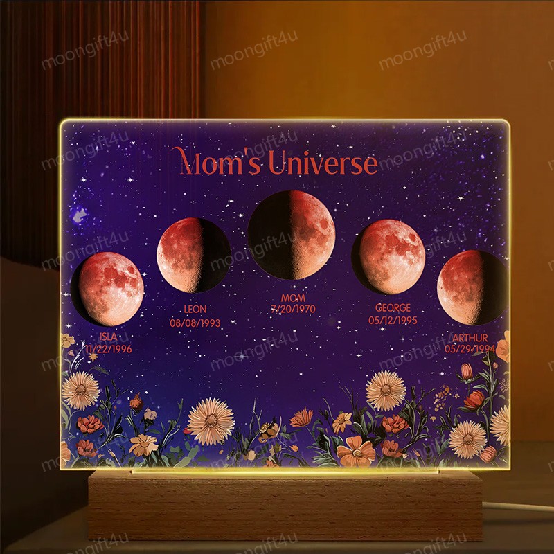 Mommy's Universe - Personalized Moon Phase Wood Base Led Light⭐️