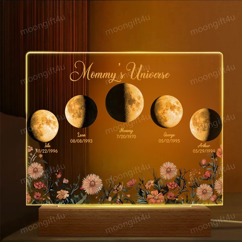 Mommy's Universe - Custom Moon Phase Wood Base Led Light