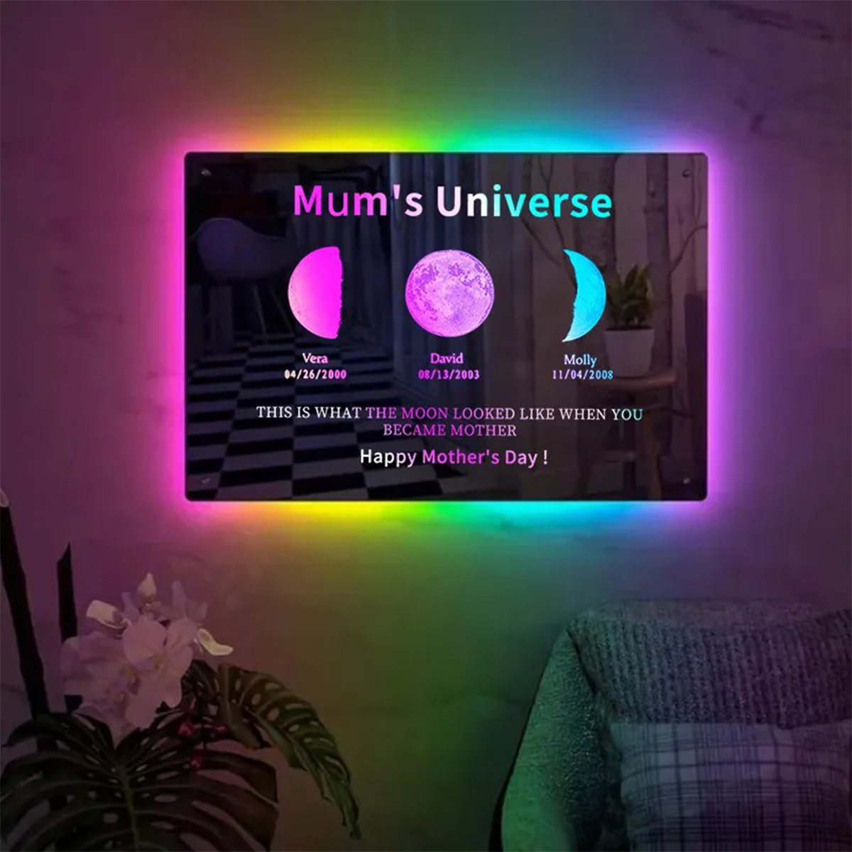 Custom Moon Phase Frame Mirror Light With Text & Date- Custom Art Frame for Mum - Mummy's Universe