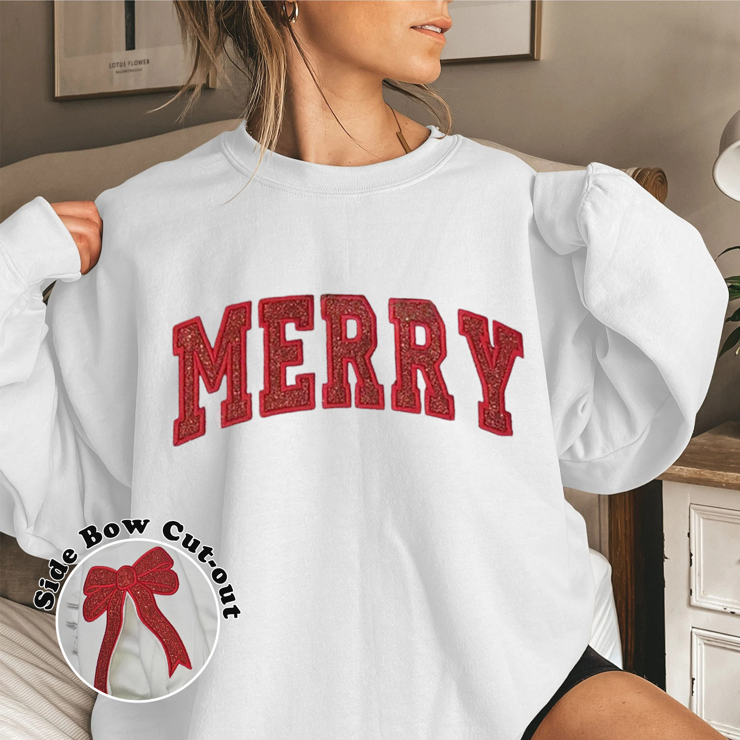 Merry and Bright Embroidered Bow Sweatshirt / Side Bow Applique Sweatshirt / Christmas Bow Sweatshirt / Glitter Christmas Sweatshirt