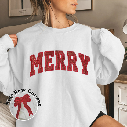 Merry and Bright Embroidered Bow Sweatshirt / Side Bow Applique Sweatshirt / Christmas Bow Sweatshirt / Glitter Christmas Sweatshirt
