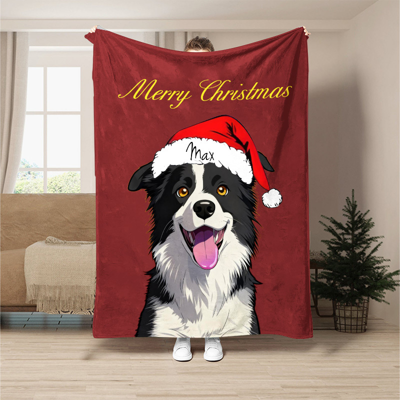 Custom Pet Photo Blanket, Personalized Santa Hat Pet Merry Christmas Blanket with Name