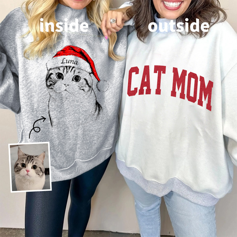 Custom Dog Mom Pet Christmas Mock Neck Reversible Sweatshirt - Personalized Dog/Cat Santa Hat Graphic Sweatshirt 