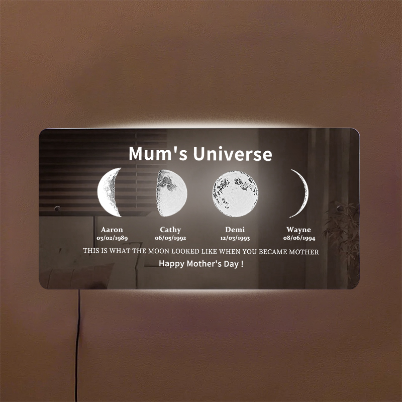 Custom Moon Phase Frame Mirror Light With Text & Date- Custom Art Frame for Mum - Mummy's Universe