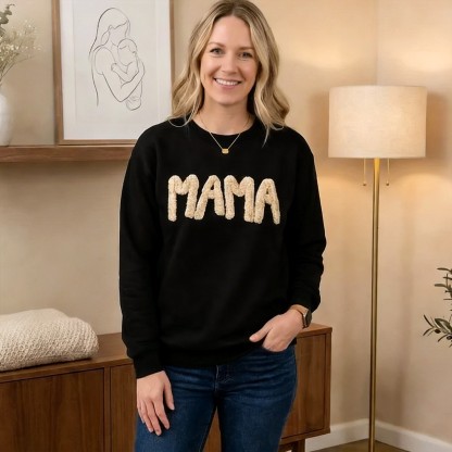 Personalized Chenille Yarn Embroidered Mama Sweatshirt, Custom Kids Names on Sleeve Gift Mother’s Day 