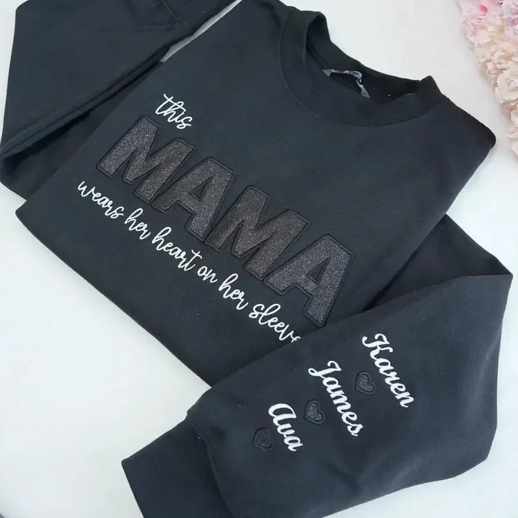 Mom Heart on Sleeve Custom Embroidered  Sequined Sweatshirt，T-Shirt – Gift for Mom & Nana