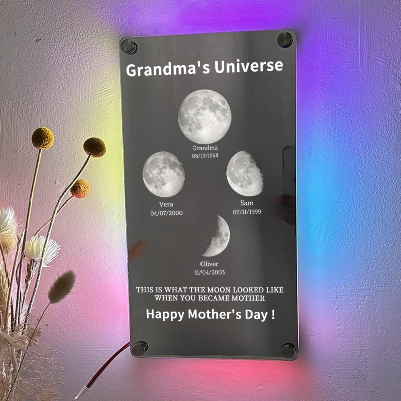 Mommy's Universe - Custom Moon Phase Mirror Light With Text & Date, Mother’s Day Gift