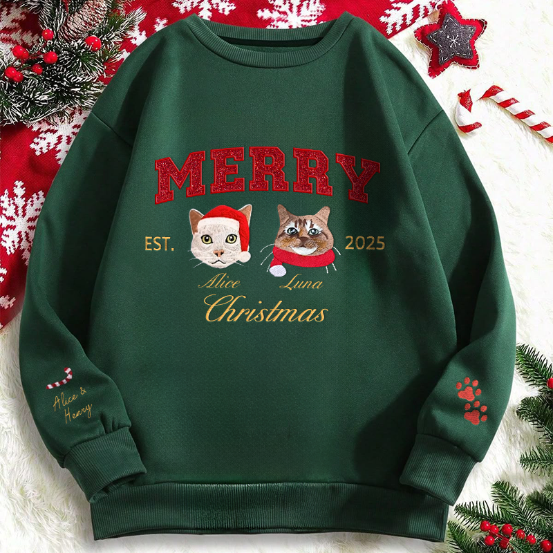 Custom Merry Christmas Glitter Embroidered Pet Portrait Sweatshirt with Glitter Side Bow Design