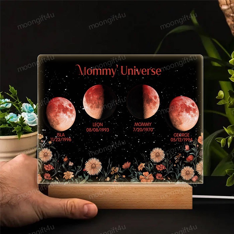 Mommy's Universe - Personalized Moon Phase Wood Base Led Light⭐️