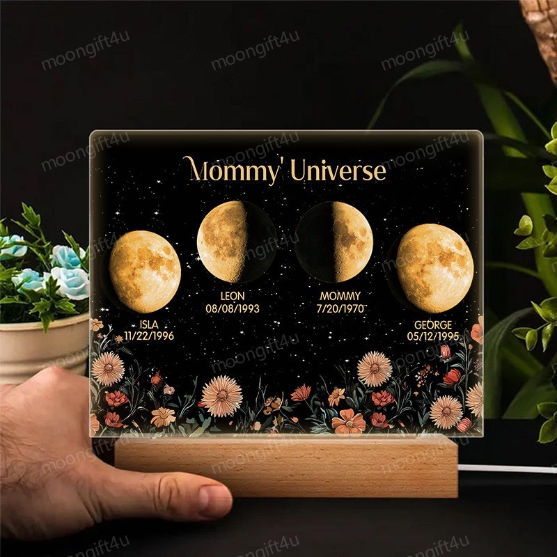 Mommy's Universe - Personalized Moon Phase Wood Base Led Light⭐️