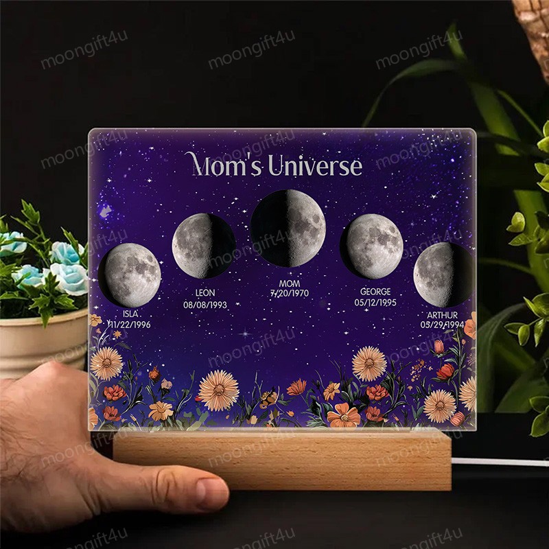 Mommy's Universe - Personalized Moon Phase Wood Base Led Light⭐️