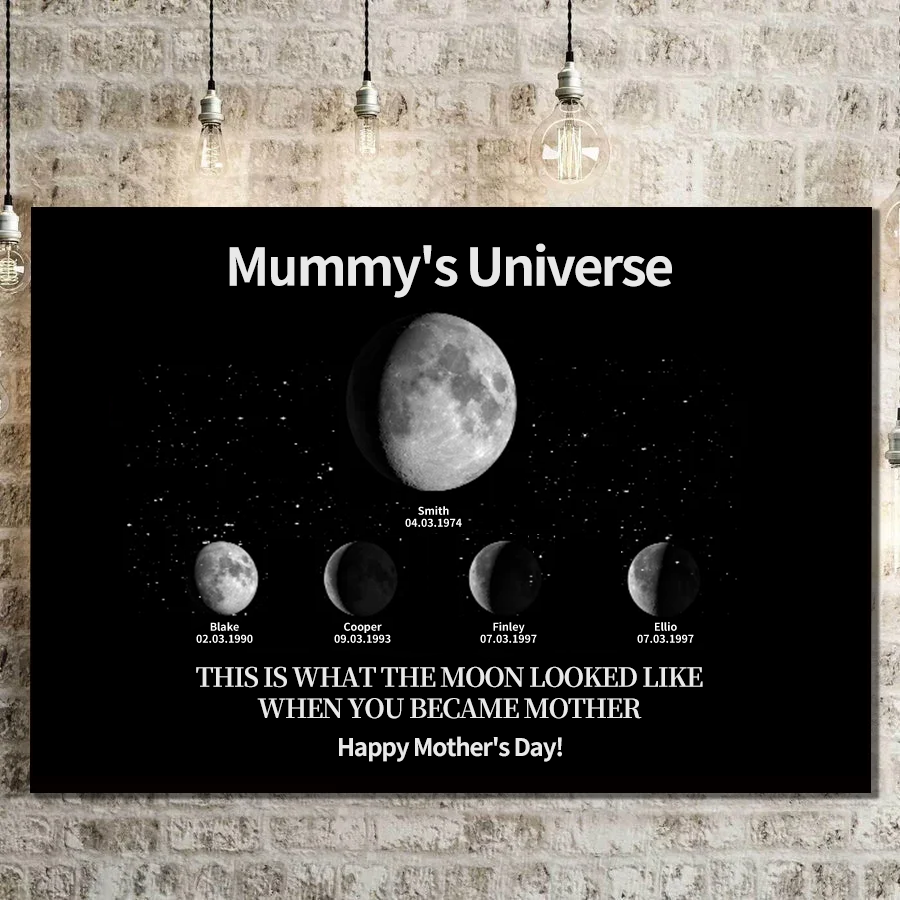 Custom Moon Phase Canvas With Text & Date- Custom Art Frame for Mom - Mommy's Universe, Mothers' Day