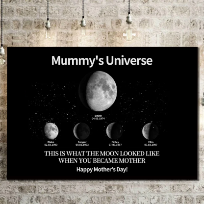 Custom Moon Phase Canvas With Text & Date- Custom Art Frame for Mom - Mommy's Universe, Mothers' Day
