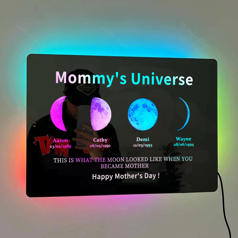Custom Moon Phase Frame Mirror Light With Text & Date- Custom Art Frame for Mum - Mummy's Universe