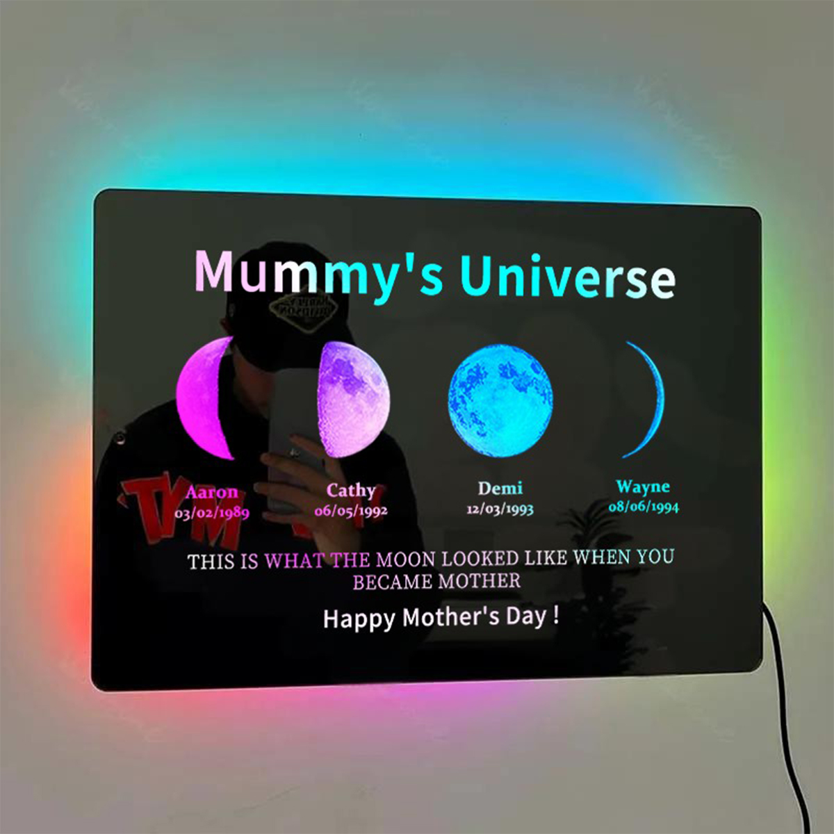 Custom Moon Phase Frame Mirror Light With Text & Date- Custom Art Frame for Mum - Mummy's Universe