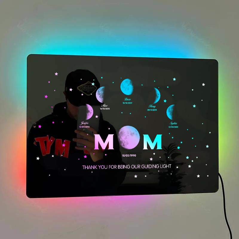 Custom Moon Phase Frame Mirror Light With Text & Date - Mummy's Universe, Mother’s Day Gift