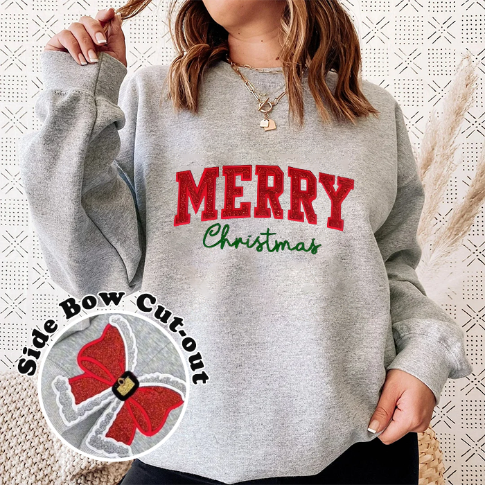 Santa Side Bow Applique Side Bow Embroidery Sweatshirt / Christmas Bow Sweatshirt / Glitter Christmas Sweatshirt
