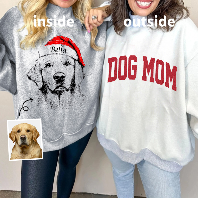 Custom Dog Mom Pet Christmas Mock Neck Reversible Sweatshirt - Personalized Dog/Cat Santa Hat Graphic Sweatshirt 
