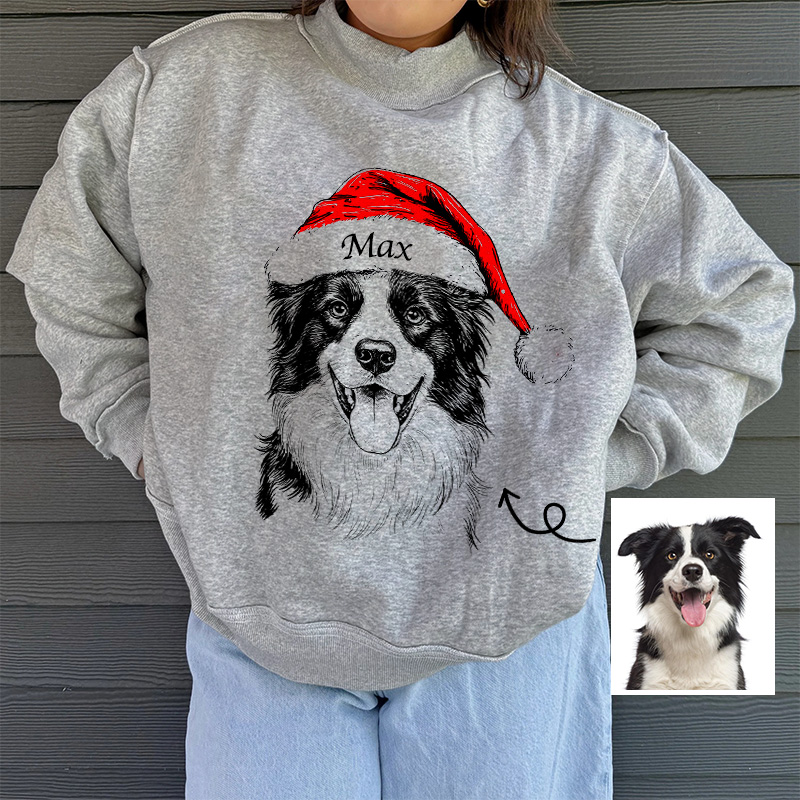 Custom Dog Mom Pet Christmas Mock Neck Reversible Sweatshirt - Personalized Dog/Cat Santa Hat Graphic Sweatshirt 