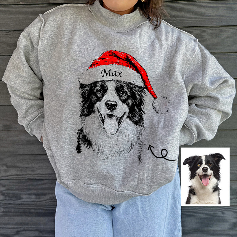 Custom Dog Mom Pet Christmas Mock Neck Reversible Sweatshirt - Personalized Dog/Cat Santa Hat Graphic Sweatshirt 
