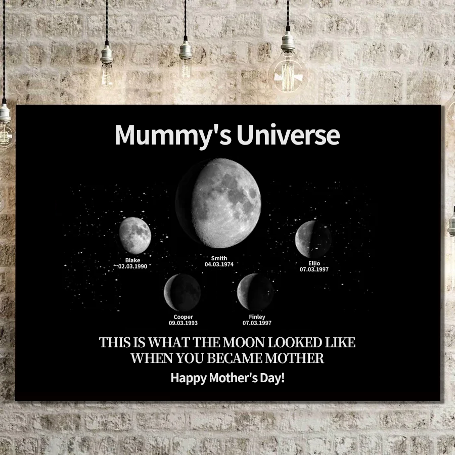 Custom Moon Phase Canvas With Text & Date- Custom Art Frame for Mom - Mommy's Universe, Mothers' Day