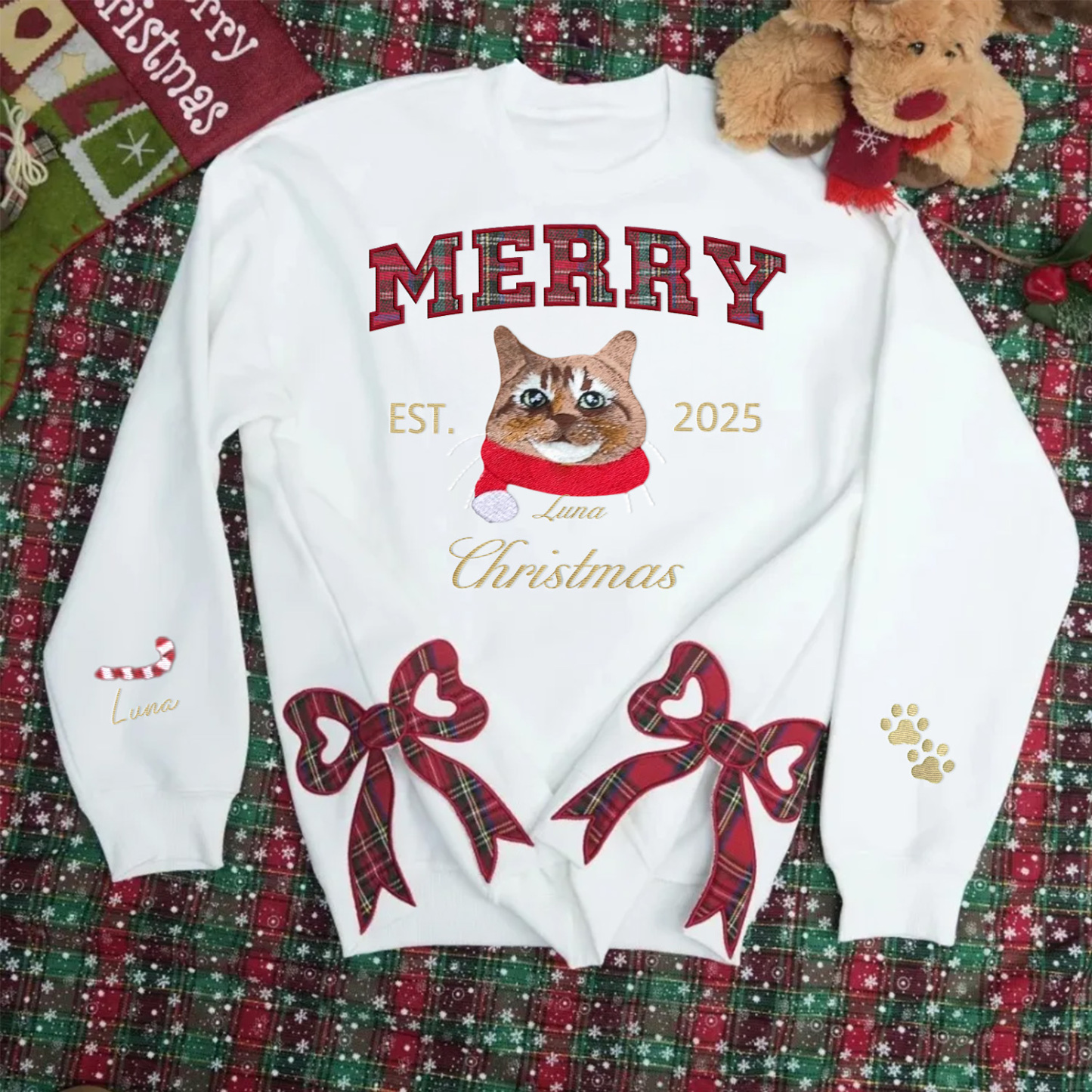Custom Merry Christmas Cozy Plaid Embroidered Pet Portrait Sweatshirt with Side Bow Design