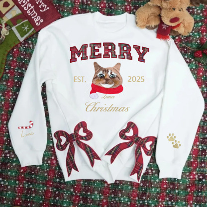Custom Merry Christmas Cozy Plaid Embroidered Pet Portrait Sweatshirt with Side Bow Design