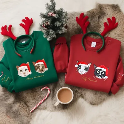 Custom Embroidered Pet Portrait Christmas Sweatshirt Hoodie T-shirt Christmas Gift-forlovever