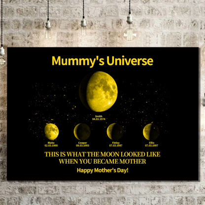 Custom Moon Phase Canvas With Text & Date- Custom Art Frame for Mom - Mommy's Universe, Mothers' Day