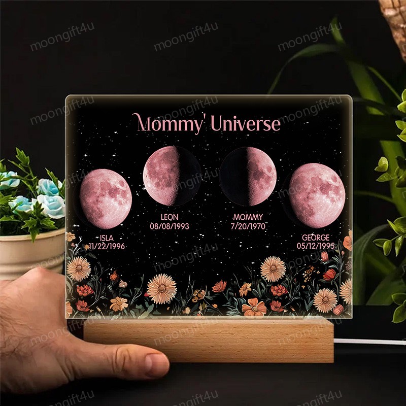 Mommy's Universe - Personalized Moon Phase Wood Base Led Light⭐️