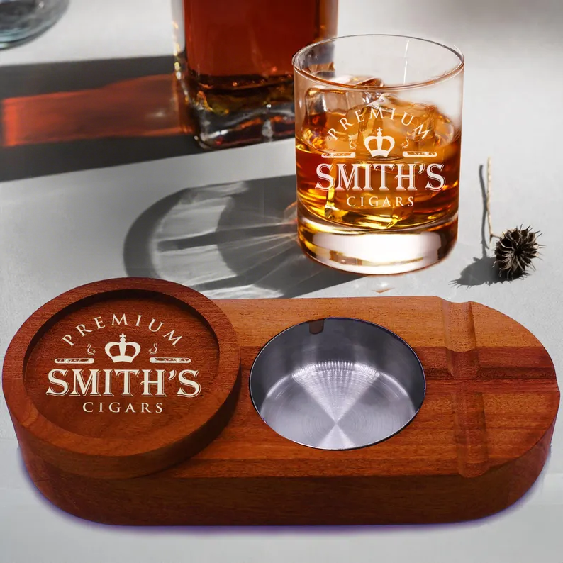 Cigar Tray and Whiskey Glass Holder - Personalized Wood Ashtray and Custom Bourbon Glass Holder Gift Set