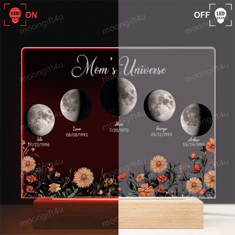 Mommy's Universe - Custom Moon Phase Wood Base Led Light