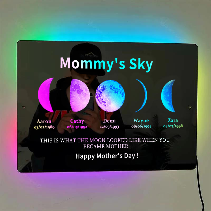 Custom Moon Phase Frame Mirror Light With Text & Date- Custom Art Frame for Mum - Mummy's Universe