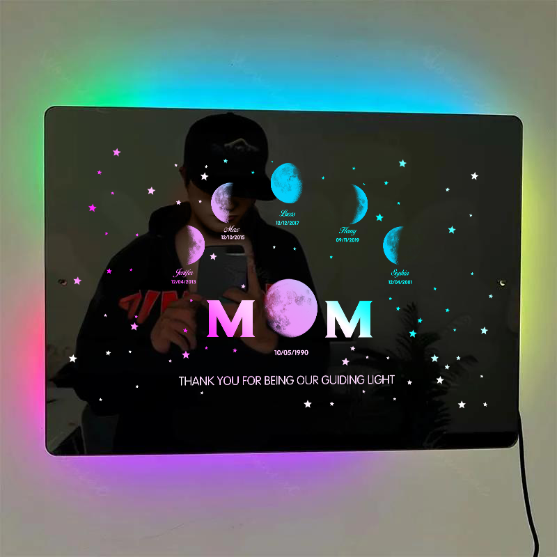 Custom Moon Phase Frame Mirror Light With Text & Date - Mummy's Universe, Mother’s Day Gift