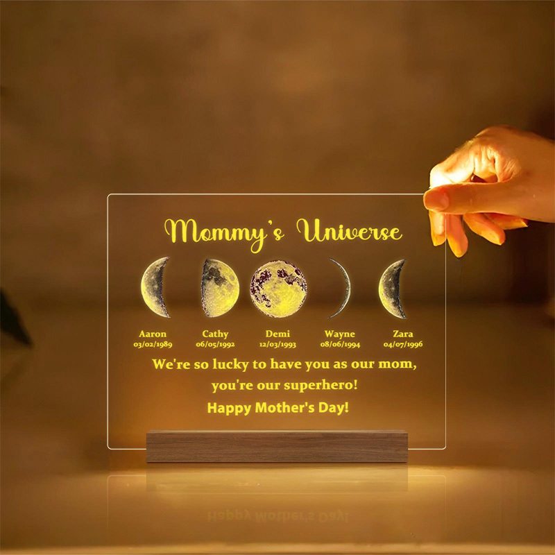 Led Light Wood Base with text and date - Mummy's Universe