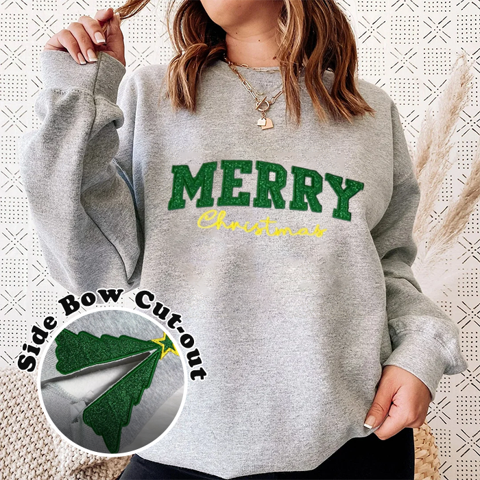 Side Bow Pine Tree Applique Sweatshirt Embroidery Sweatshirt / Christmas Bow Sweatshirt / Glitter Christmas Sweatshirt