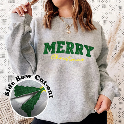 Side Bow Pine Tree Applique Sweatshirt Embroidery Sweatshirt / Christmas Bow Sweatshirt / Glitter Christmas Sweatshirt