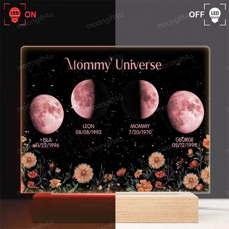 Mommy's Universe - Personalized Moon Phase Wood Base Led Light⭐️