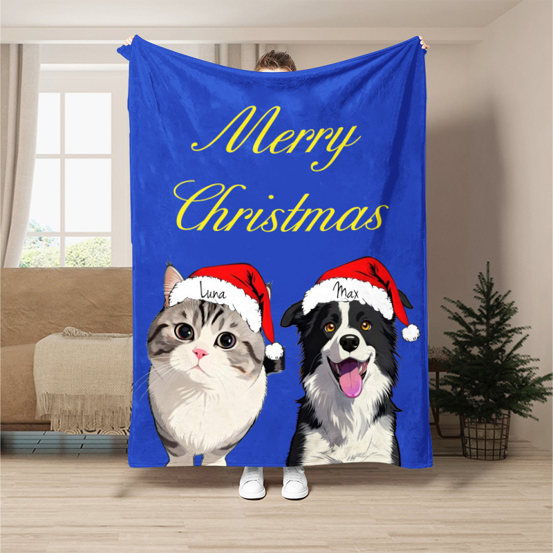 Custom Pet Photo Blanket, Personalized Santa Hat Pet Merry Christmas Blanket with Name