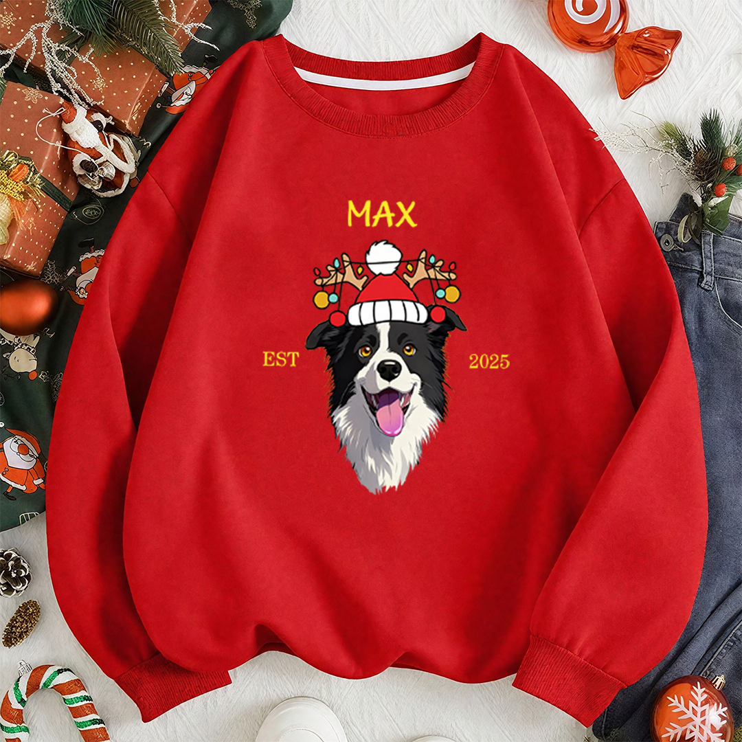 Custom Pet Cartoon Print Sweatshirt - Personalized Dog/Cat Santa Hat Graphic Hoodie