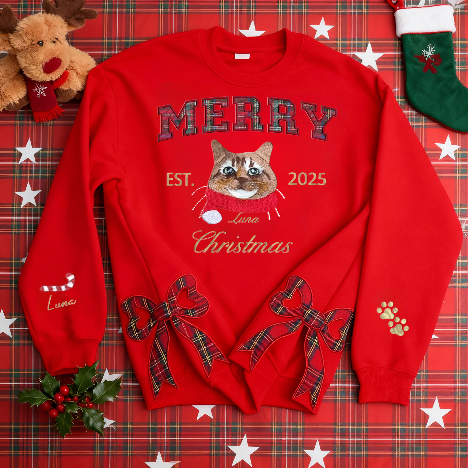 Custom Merry Christmas Cozy Plaid Embroidered Pet Portrait Sweatshirt with Side Bow Design
