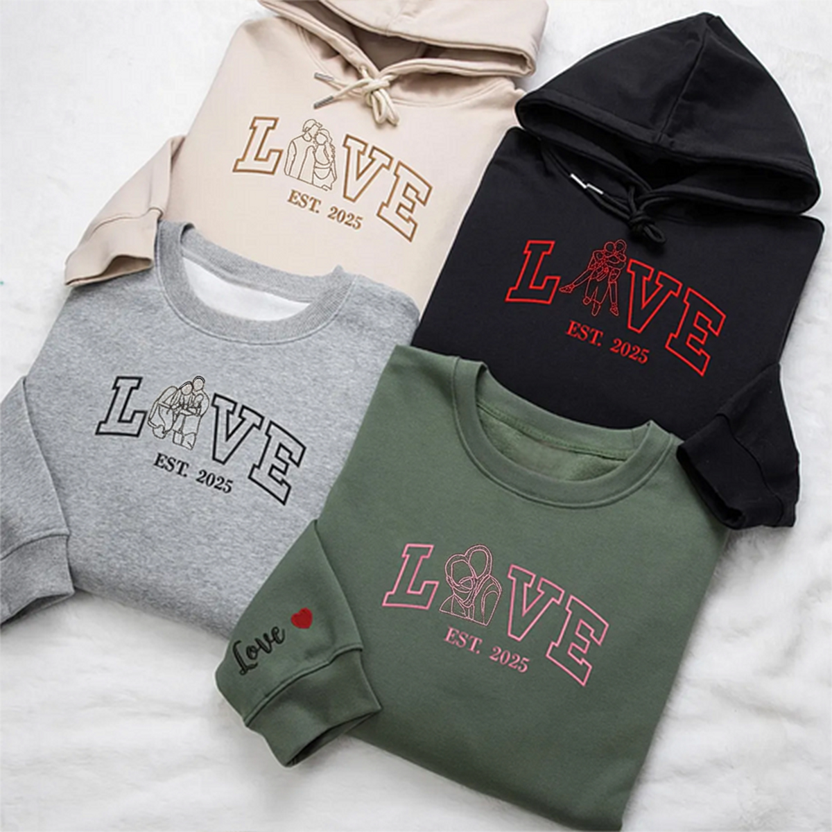 Custom Embroidered Outline Photo Couple LOVE Est Year Sweatshirt/Hoodie/T-shirt
