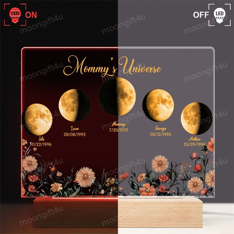 Mommy's Universe - Custom Moon Phase Wood Base Led Light