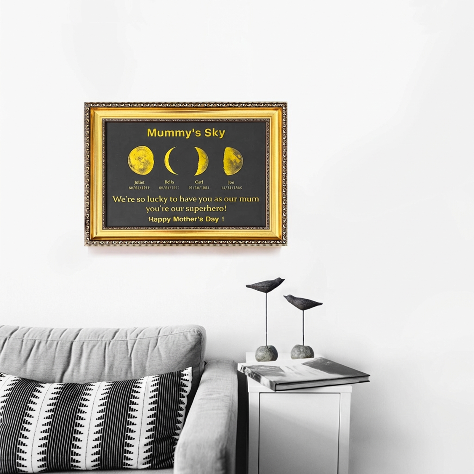 Custom Moon Phase Frame With Text & Date- Custom Art Frame for Mum - Mummy's Universe